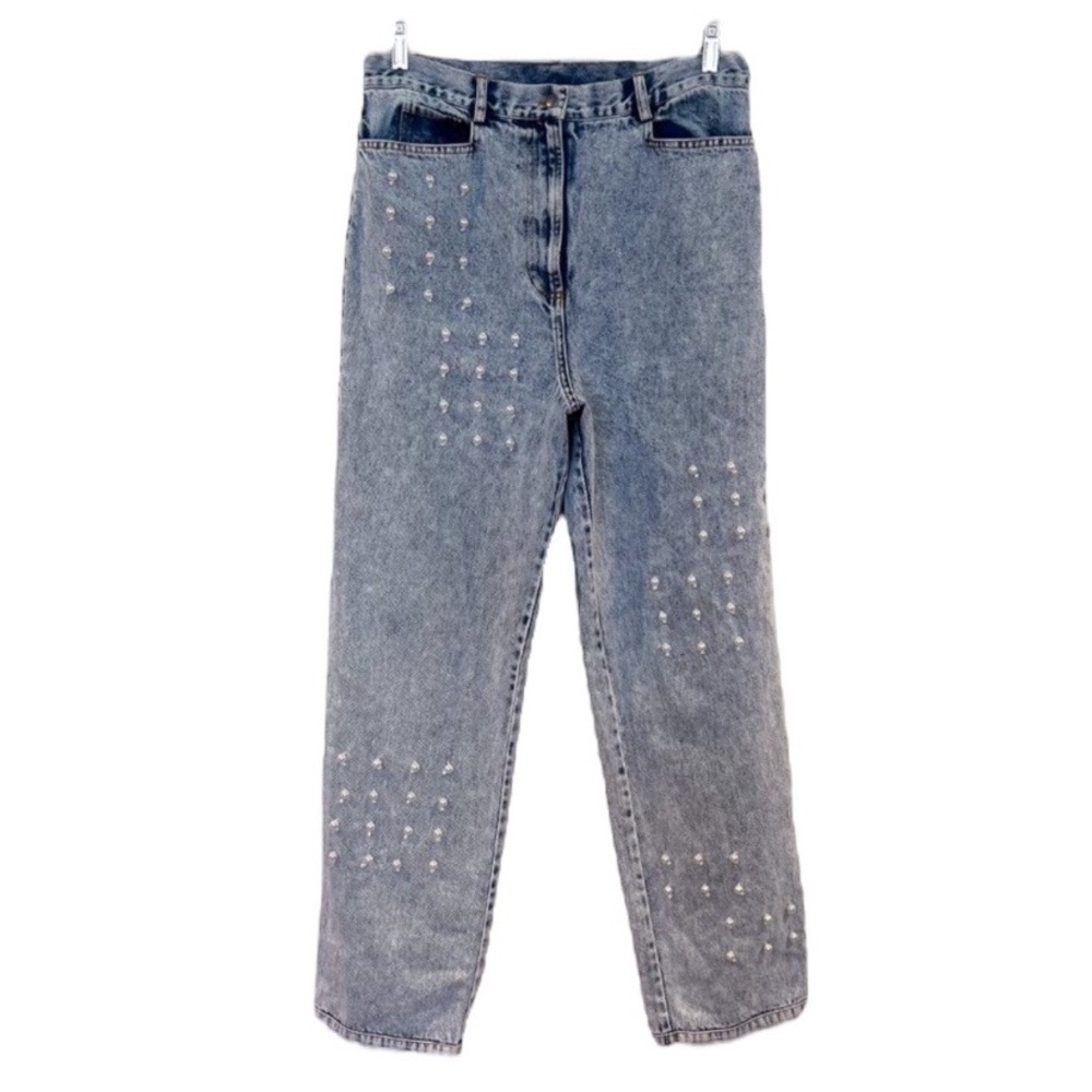 Sea New York Light Wash Pearl Embellished Designer Straight Leg High Waist Jeans